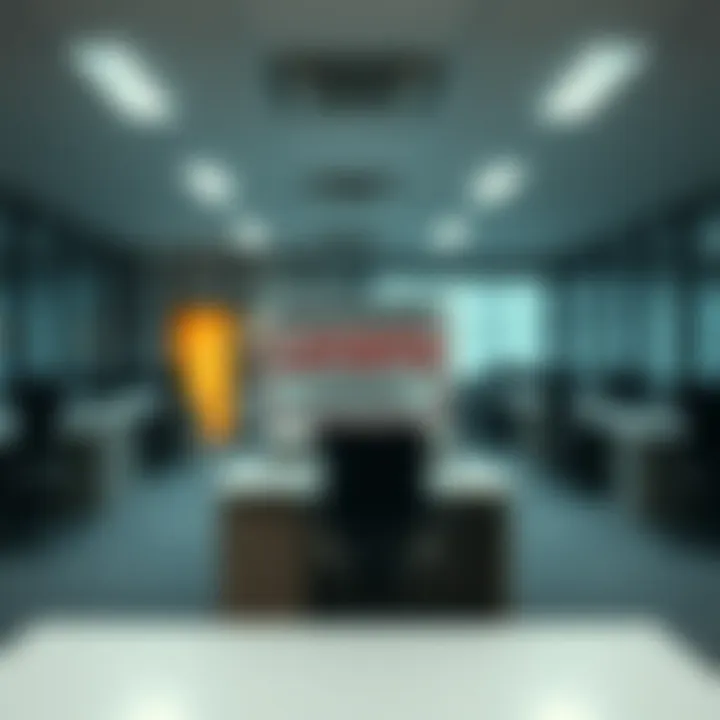 Office setting showing empty desks and a sign indicating layoffs at Algorand Foundation