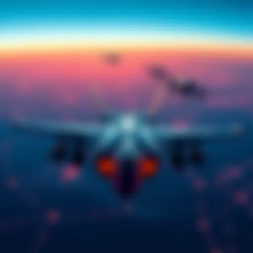 A visual representation of Algorand blockchain technology intersecting with US Air Force operations, featuring a digital network and military aircraft.