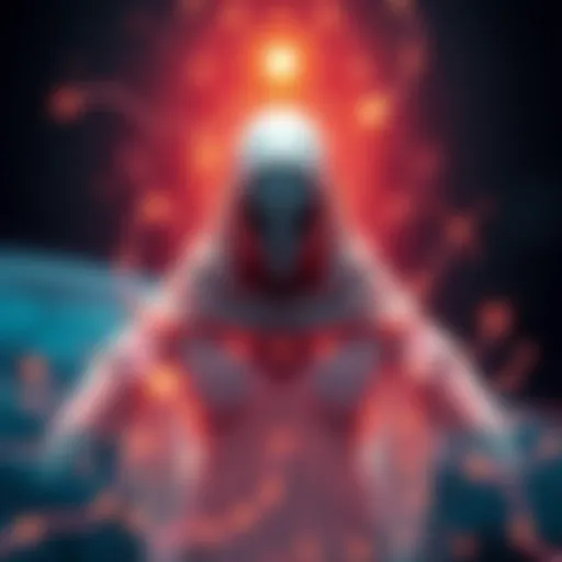A ghostly figure surrounded by glowing circuits and stars, representing alien AI protecting Earth from threats.