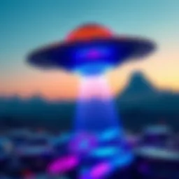 A UFO hovering above a digital representation of cryptocurrency tokens, symbolizing the connection between aliens and the crypto market.