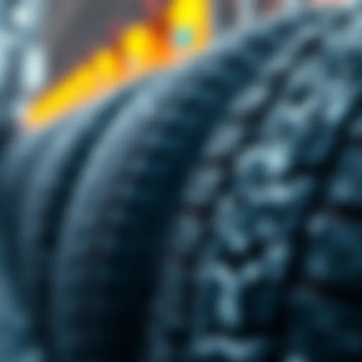 A close-up of all-season tires designed for wet and snowy conditions, showcasing their tread patterns and grip.