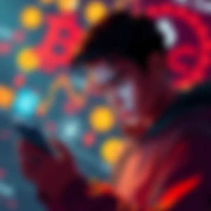A visual representation of fluctuating cryptocurrency prices with an emotional tone, showing a person looking conflicted while checking their investments on a smartphone, with altcoin logos in the bac...