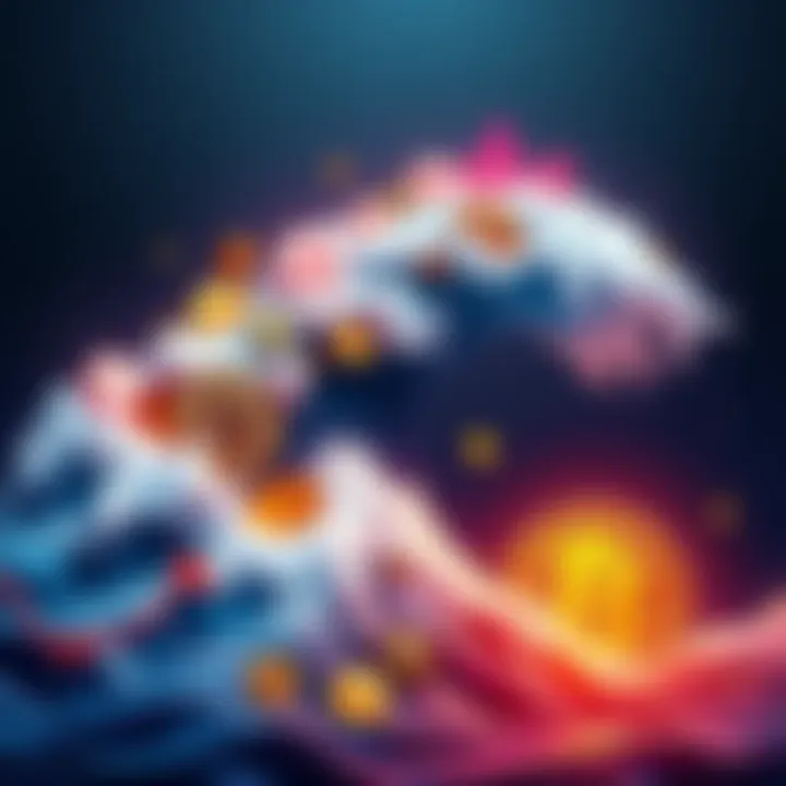 Altcoin Success Wave A graphic illustrating a wave of various altcoins surging upward, while Bitcoin struggles in the background.