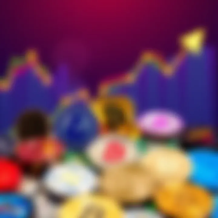 An array of different digital coins representing various altcoins with a graph showing upward trends in the background, indicating potential investment growth in 2026.