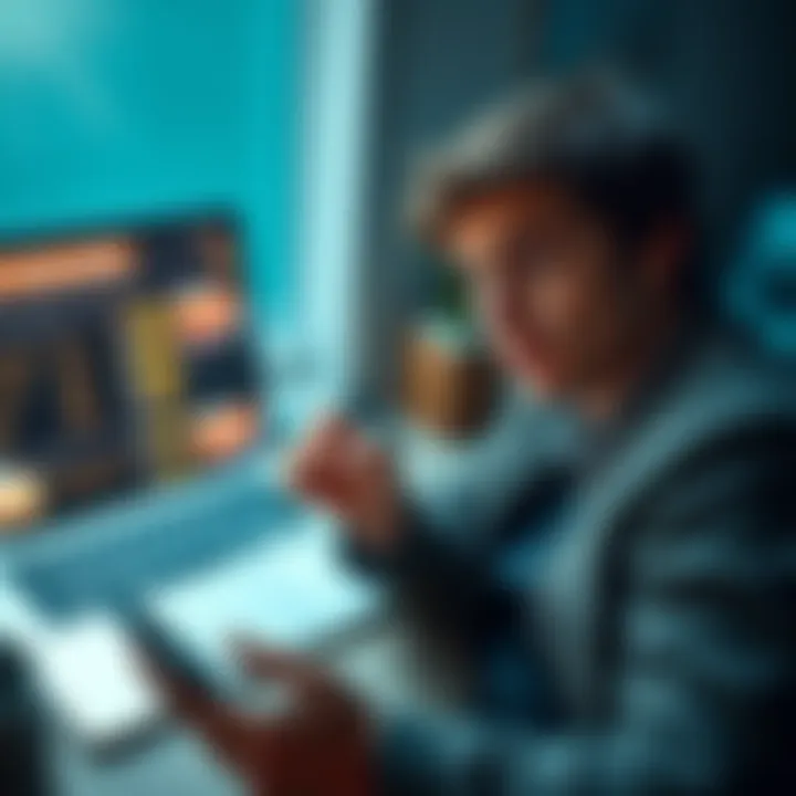 A person using a smartphone to explore money transfer options, looking concerned about slow transfers and unexpected fees, with a laptop in the background displaying financial apps.