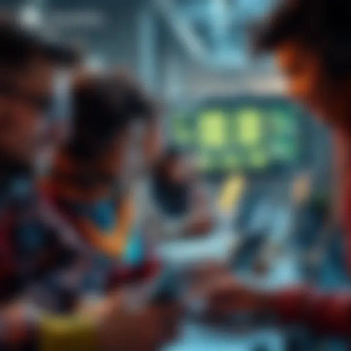 A group of diverse developers collaborating on a coding project with laptops and digital tools, focused on app development and AWS technologies.
