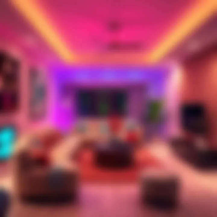A cozy living room illuminated by colorful ambient lights, showcasing stylish lighting designs and modern decor.