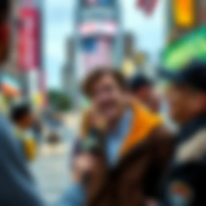 Person being interviewed on the street with humorous and exaggerated facial expressions, surrounded by a lively urban setting.