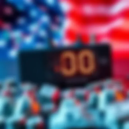 A graphic representation showing America's national debt clock ticking up to 40 trillion, surrounded by economic symbols like graphs and money bags.