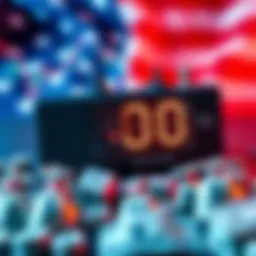 America's National Debt A graphic representation showing America's national debt clock ticking up to 40 trillion, surrounded by economic symbols like graphs and money bags.