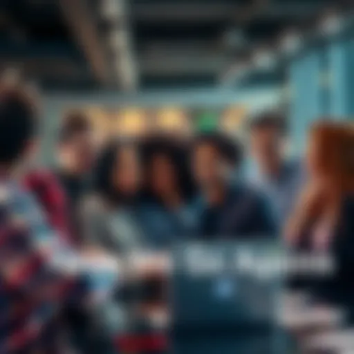 A group of diverse people discussing trends and events in a modern setting