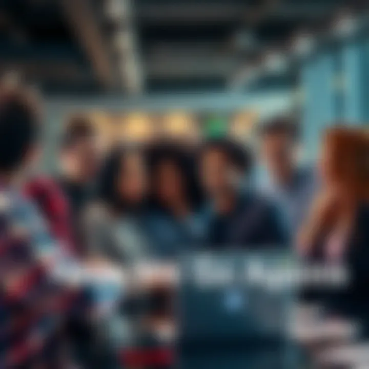 A group of diverse people discussing trends and events in a modern setting