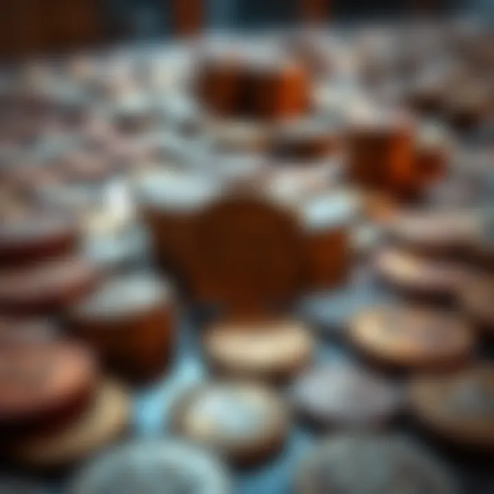 A collection of ancient LRB coins laid out on a table for identification by coin enthusiasts