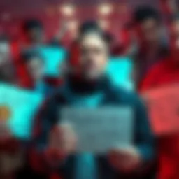 Investors expressing frustration over cryptocurrency losses, holding signs with messages about BTC and ETH losses, focused on a central figure resembling Mashinsky