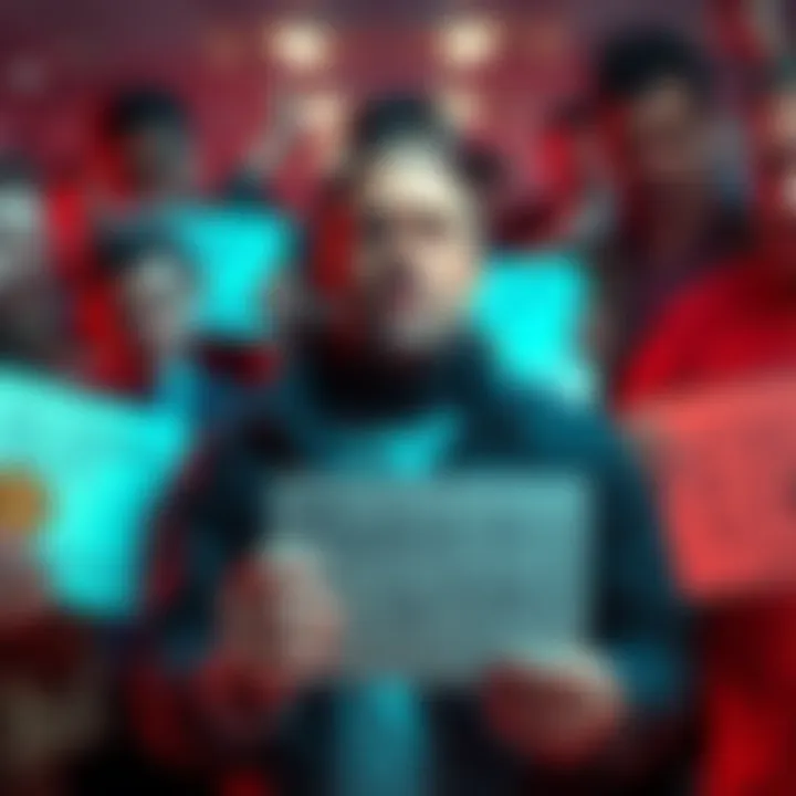 Investors expressing frustration over cryptocurrency losses, holding signs with messages about BTC and ETH losses, focused on a central figure resembling Mashinsky