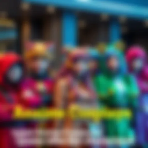 Colorful anime characters in vibrant costumes with fun expressions, inviting viewers to guess who they are.