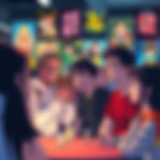 A group of anime fans talking animatedly about the need for wholesome dubbed shows, with colorful anime posters in the background.
