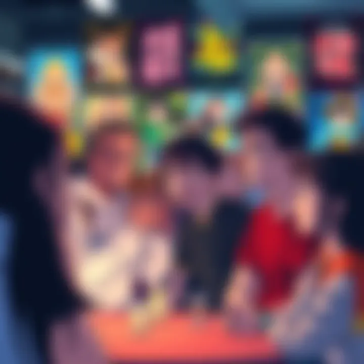 A group of anime fans talking animatedly about the need for wholesome dubbed shows, with colorful anime posters in the background.