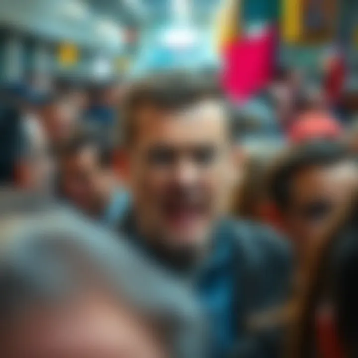 A man with an exaggerated expression in a busy crowd, showing traits of arrogance and annoyance
