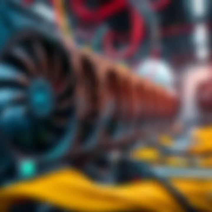 A close-up of Antminer X9 mining machines, showcasing their sleek design and cooling fans, set in a mining facility with wires and technical equipment around.