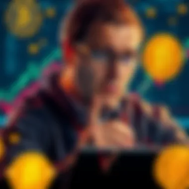 A worried investor looking at a chart showing Bitcoin's fluctuating value, surrounded by graphs and cryptocurrency symbols.