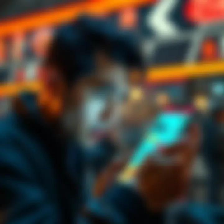 A person looks at their phone with a worried expression while analyzing app earnings and in-game items on the screen.