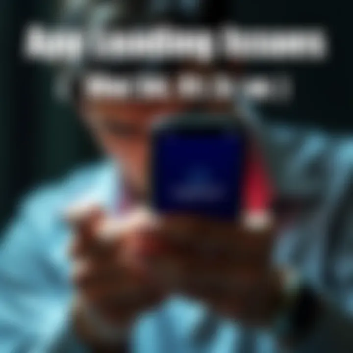 A person frustrated with a phone showing loading screen and error messages