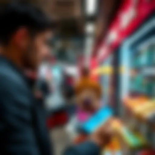 A customer paying at Colruyt using Apple Pay on a smartphone with a visible Bancontact logo