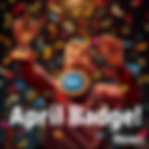 A person celebrating with a trophy and an April badge, showing excitement and achievement, surrounded by confetti.