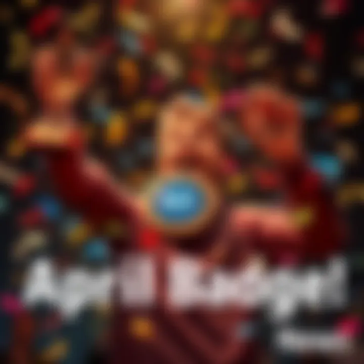 A person celebrating with a trophy and an April badge, showing excitement and achievement, surrounded by confetti.