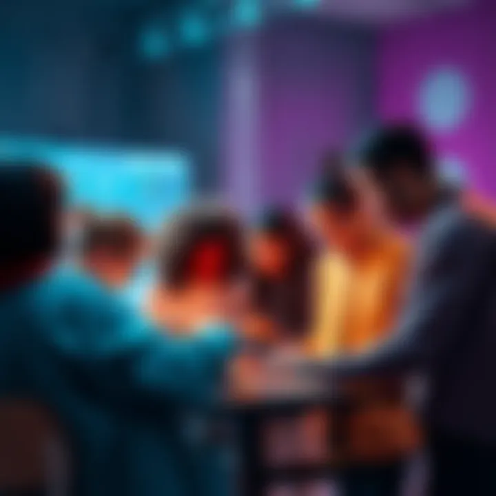 A diverse group of people collaborating on creative tasks during the April Challenge, fostering teamwork and connection.