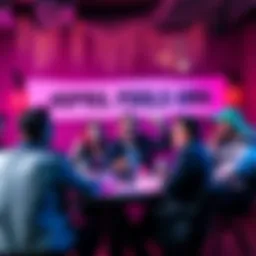 A group of people discussing crypto investments with playful props, celebrating an April Fool's theme, with a banner showing '60 USDT to Win'