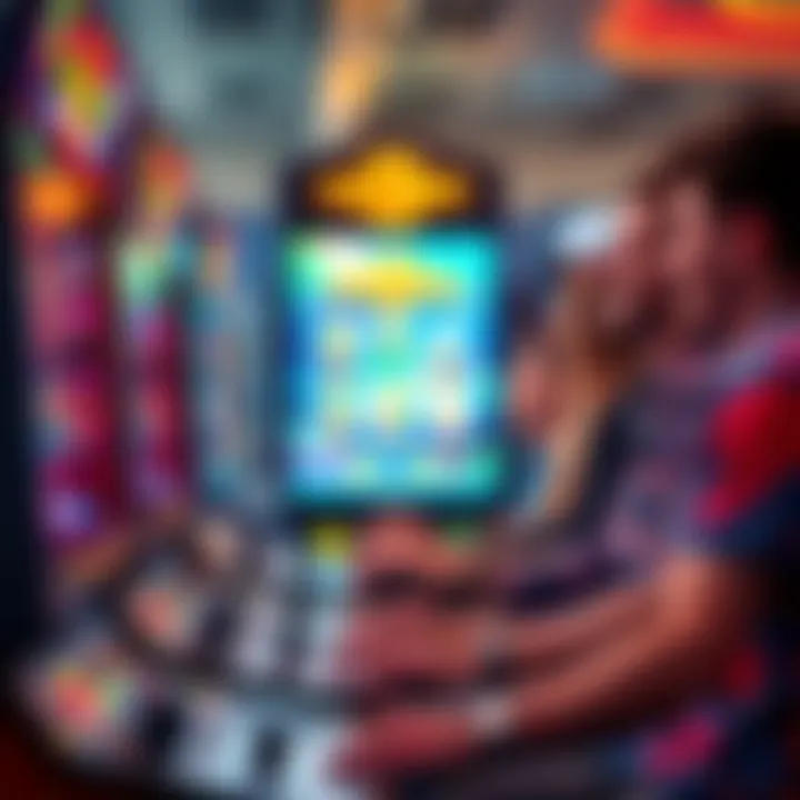 Group of people playing arcade games with smiles, showcasing rewards on screen