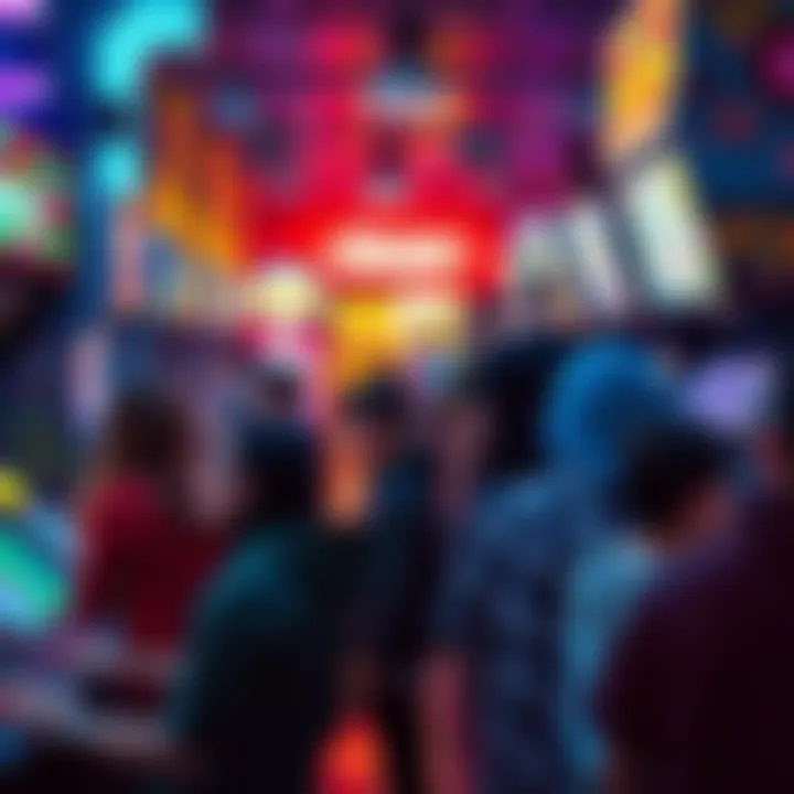 Colorful arcade machines with players enjoying games in a bustling arcade atmosphere
