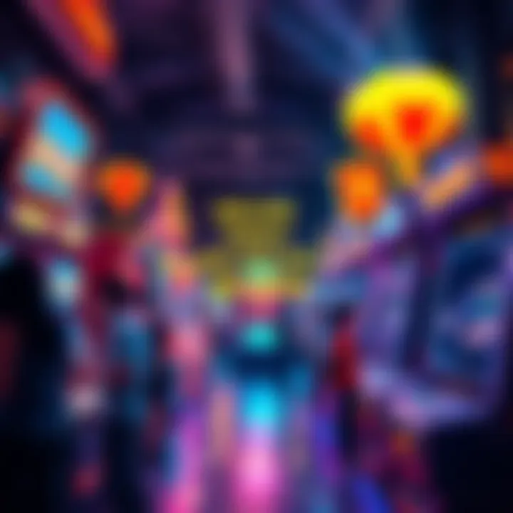 A colorful arcade scene with people playing various games and winning prizes, showcasing the excitement of the Arcade experience.
