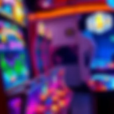 A vibrant arcade game display with coins and rewards on the screen, showing the excitement of earning bucks quickly while playing