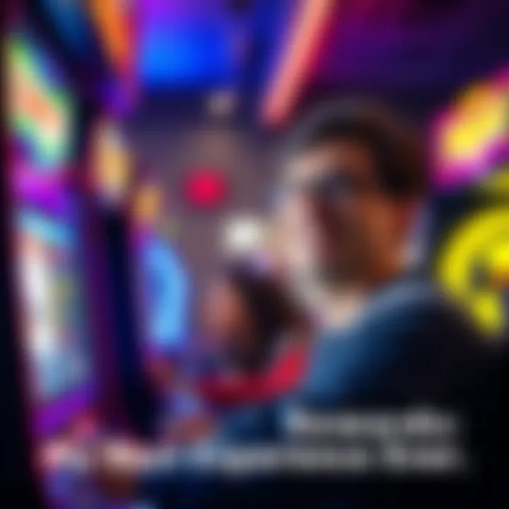 Arcade Gaming Experience A person smiling while playing arcade games surrounded by bright lights and sounds, showing excitement after winning rewards.