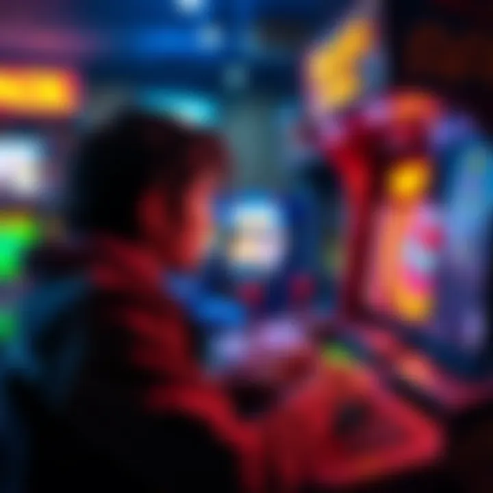 A person focused on a gaming console with mini-games on the screen, planning their arcade challenges and spending for the month.