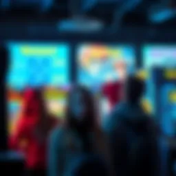 A group of arcade players looking concerned while checking their scores and rewards on screens, with arcade machines in the background.