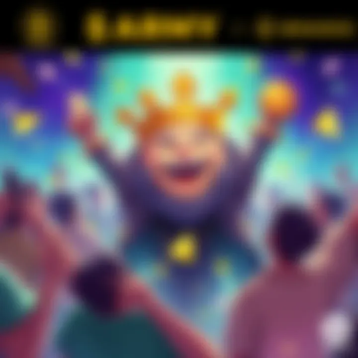 Illustration showing excitement for the $ARMY Pepe coin launch on Binance with people celebrating and trading.