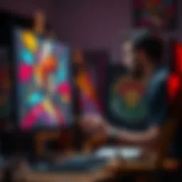 An artist working on a computer, transforming a physical painting into a digital NFT, focused on the screen with vibrant colors in the background