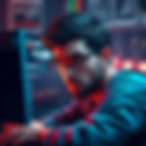 A concerned artist looking at a computer screen with a distressed expression, showing crypto balance on the screen