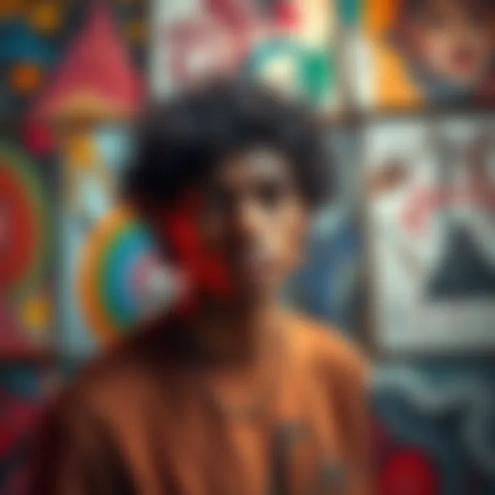 Artist expressing identity through painting An artist surrounded by colorful paintings, reflecting their journey and struggles with identity and mental health