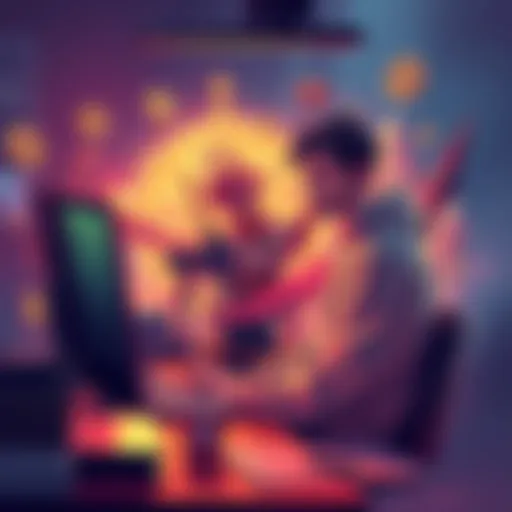 An artist sitting at a computer, minting an NFT on the Opulentis Marketplace platform, surrounded by digital art and a thoughtful expression.