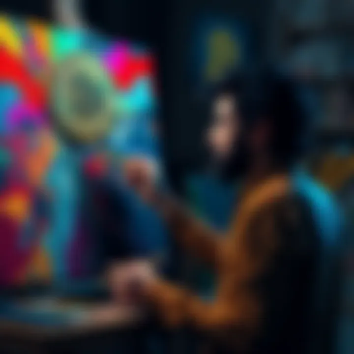 An artist creates vibrant paintings reflecting the Bitcoin aesthetic, with colors and patterns symbolic of cryptocurrency.