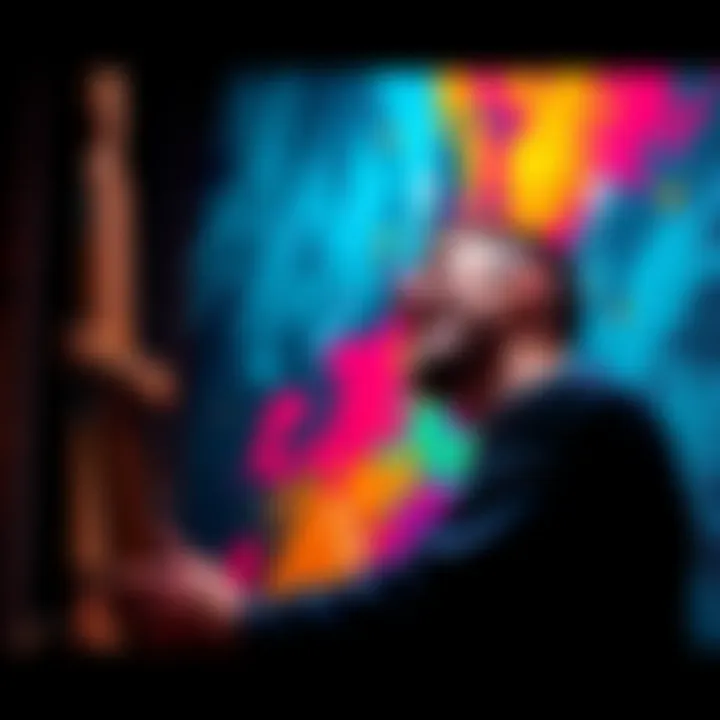 An artist passionately creates a vibrant painting, showing intense emotions and energy through bold strokes and colors.
