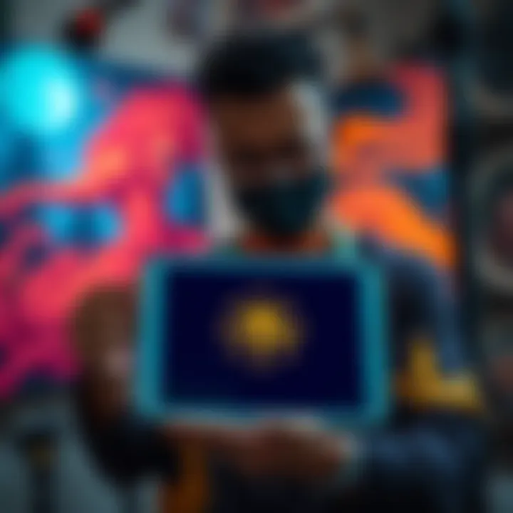 A creative artist displaying their artwork while holding a tablet showing the TCOM decentralized IP protocol logo, symbolizing empowerment in art and creator earnings.