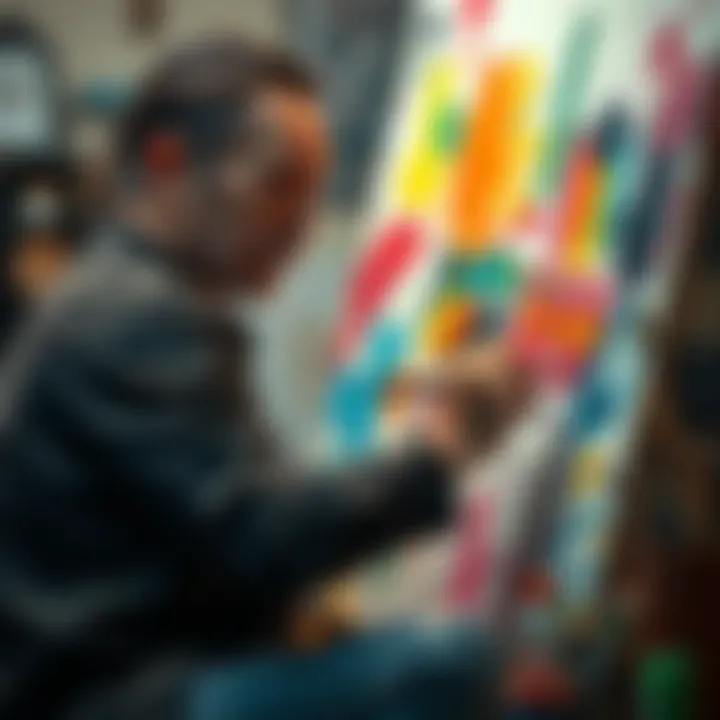 An artist painting on a canvas, surrounded by brushes and colorful paints, showing a focused expression as they near completion of a long-abandoned project.