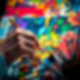 A close-up of an artist's hands creating a vibrant painting, surrounded by tubes of paint and brushes, showing the intense focus and dedication to their craft.