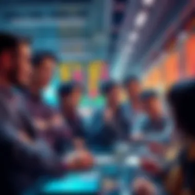 A group of Asian crypto traders collaborating and sharing insights in a vibrant setting.
